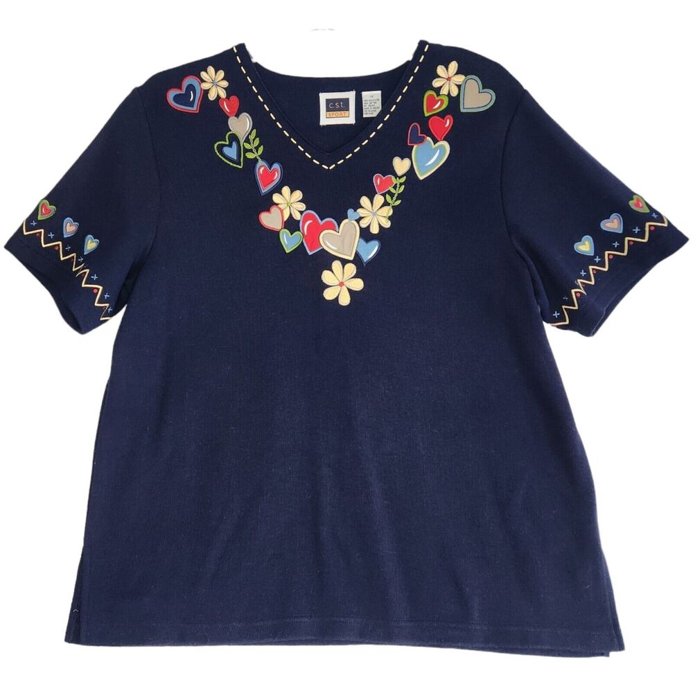 Vintage Womens Short Sleeve Embroidered Blouse Size 1X Flowers Hearts Navy Blue